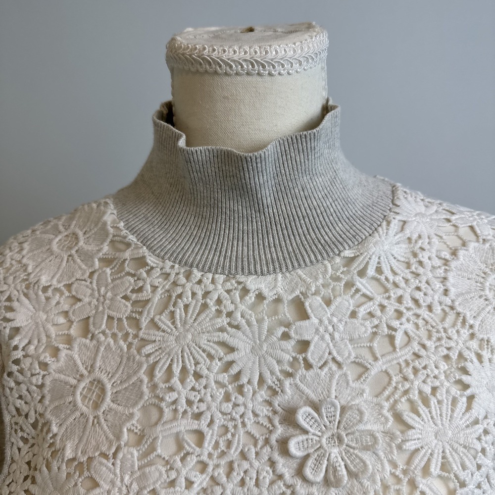 French Connection Floral Lace Sweater Womens S Gray Ivory Mock Neck Romantic - Picture 5 of 11